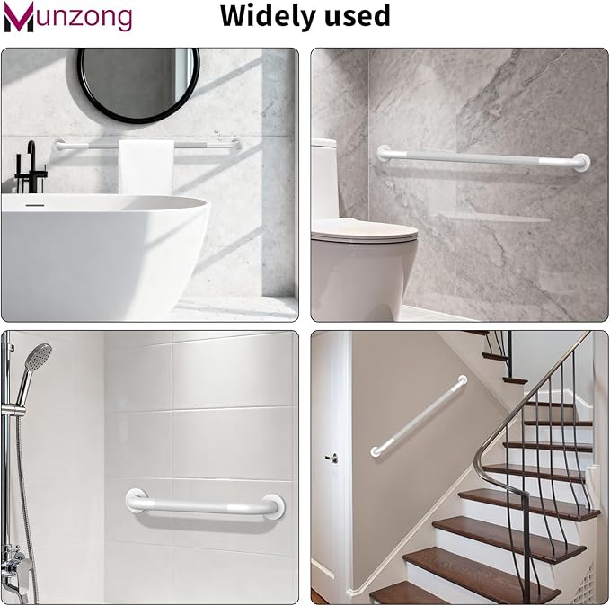 3 Pack Anti Slip Shower Grab Bar Bundle, Munzong 12" 16" 16" White Bathroom Grab Bar, Stainless Steel Handicap Balance Bar,Safety Hand Rail for Commercial Elderly Injury Senior Assist Bath Handle