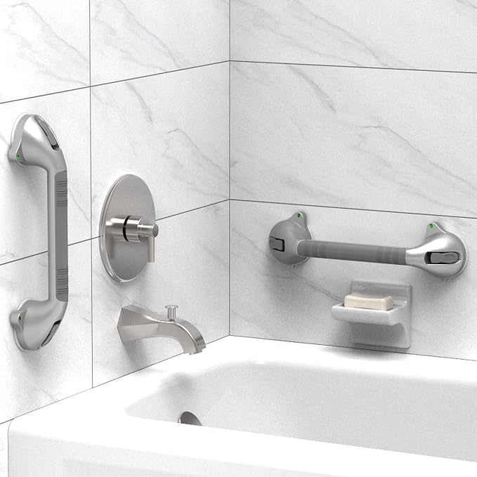 16.5inch Suction Bath Grab Bar with Indicators, Balance Assist Bathroom Shower Handle, Silver/Grey（Pack of 2）