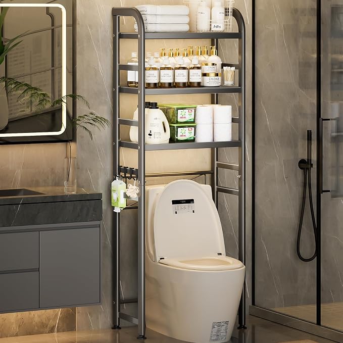 PureBox Over The Toilet Storage, Enhanced Oval Tube Heavy Duty Bathroom Shelf Organizer, Freestanding Metal Toilet Storage Cabinet with Suction Cups for Fastening, 3-Tires Over The Toilet Rack (Grey)