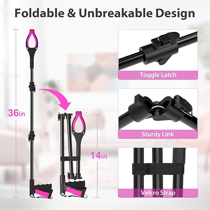 36" Grabber Reacher Tool, Foldable Reacher Grabber Pickup Tool with 360° Rotating Jaw & Two Magnets, Extra Long Trash Picker Upper Grabber, Lightweight Grabbers for Seniors, Pink