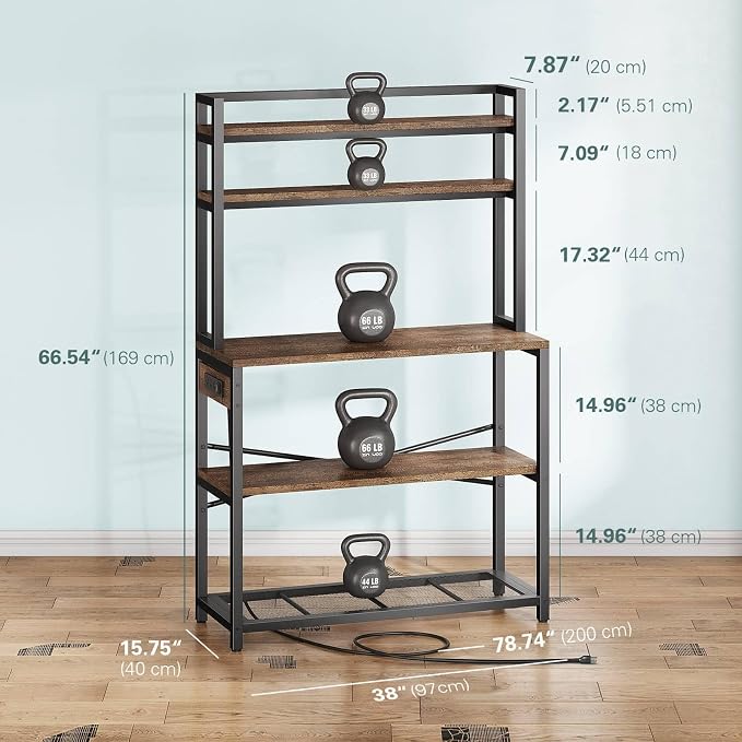 Denkee Large Bakers Rack with Power Outlets, 38 Inch Microwave Stand with Storage, 5-Tier Coffee Bar Stand, Industrial Kitchen Shelf Rack, Grey