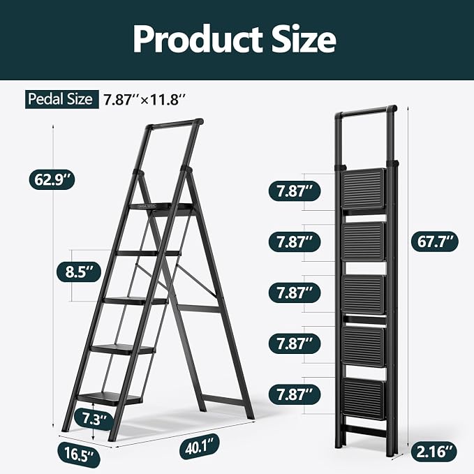 WOA WOA Step Ladder for Home, Foldable Step Stool for Kitchen with Non-Slip Pedals, Sturdy Ladders Supports up to 330 lbs, Compact and Portable - 5 Step with Handle/Black