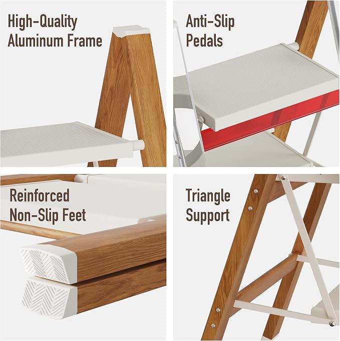 Mayi Plus 4 Step Lightweight Aluminum Folding Ladder, Portable Step Stool with Anti-Slip Pedals, 330 lbs Capacity for Home, Office, Kitchen（White&Woodgrain）