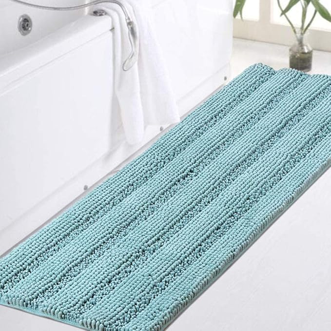 Turquoize Bath Rug - Large Size Plush Shaggy Chenille Bathroom Rug 47 x 17 Non-Slip Extra Soft & Absorbent Thick Shaggy Floor Mats, Washable, Aqua Haze
