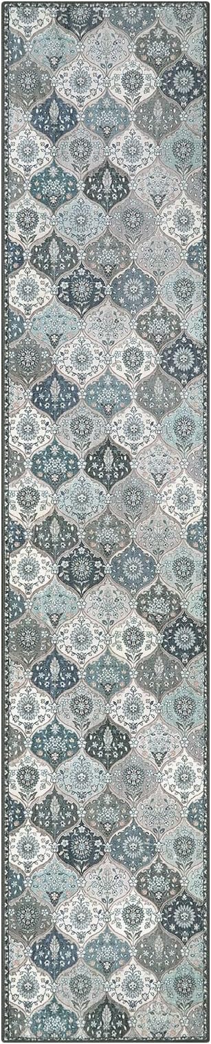 Lahome Moroccan Hallway Runner Rug Non Slip, 2x10 Washable Runner Rugs for Hallway 2x10 Vintage Ultra-Thin Throw Long Carpet for Kitchen Entryway Bedroom Laundry Room Elise, Blue