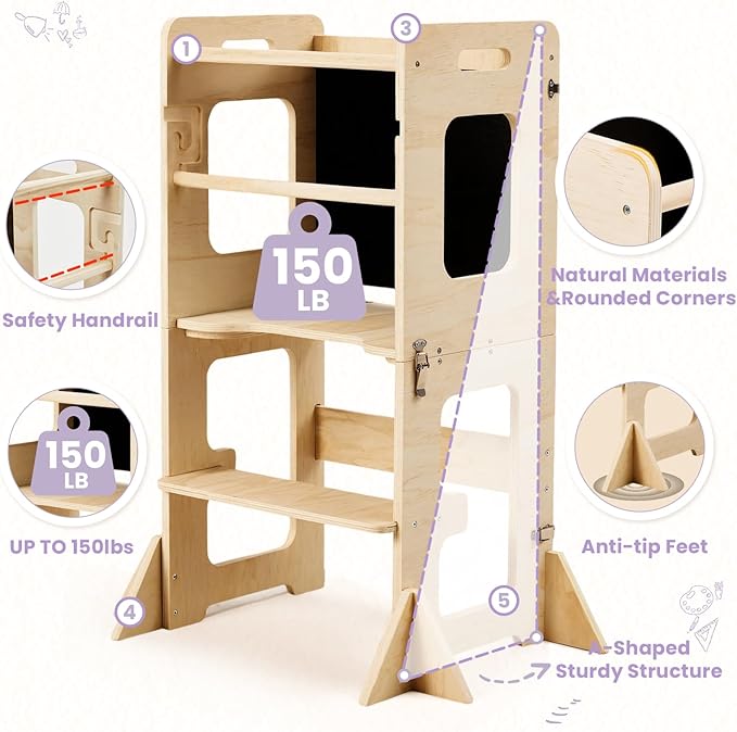 labebe Toddler Standing Tower for 12M+, Montessori Foldable Learning Standing Tower with Blackboard, Anti-tip Structure Design,Wooden Kitchen Step Helper Stool for 1-3 Year Old Boy Girl Gift