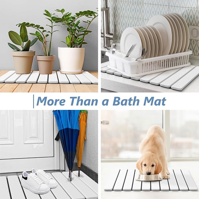 AWW Foldable Stone Bath Mat, Quick Dry Diatomaceous Earth Bath Mat with Non-Slip Mat, Super Absorbent, Easy to Clean, Compact for Small Bathrooms, 23.6 x 15.5, White
