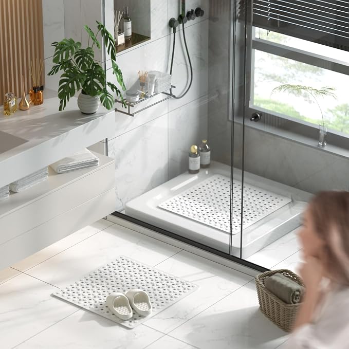 HITSLAM Shower Mat Anti Slip, Square Bath Mat for Tub Non Slip with Suction Cups and Drain Holes, 21x21 Inch Bathroom Shower Stall Floor Mat, Machine Washable, Soft on Feet, White