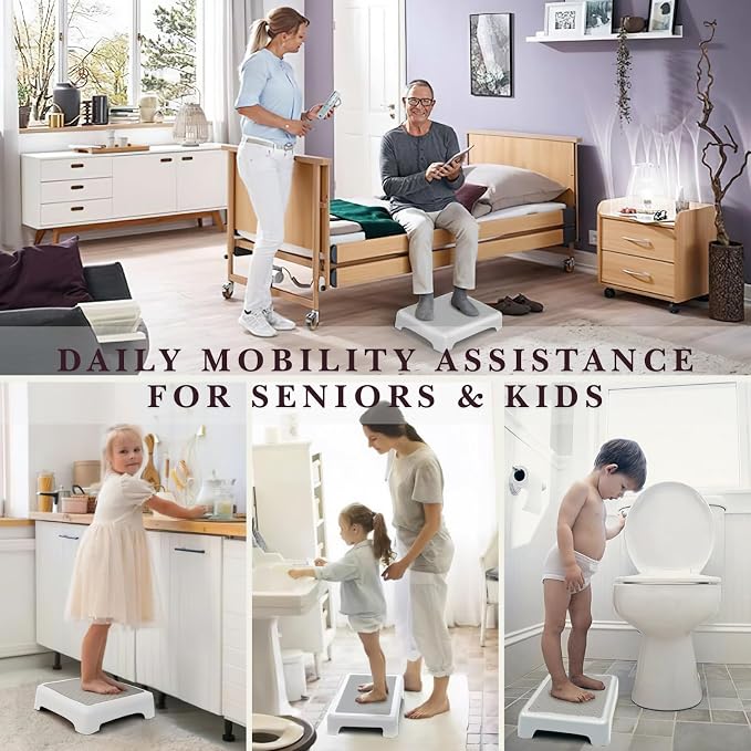 Bed Step for High Beds Adults - 3.35" Barefoot-Comfortable TPE Soft Pad Mobility Step Stool for Seniors & Post Surgery, 600lb Heavy Duty Anti-Flip Step for Car, SUV, RV & Bathroom (White-Grey)