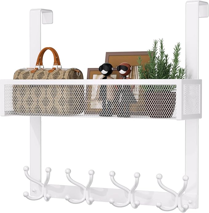 Consumest Over The Door Hooks Organizer - 2 Tier Over Door Hanger with 16 Hooks & 2 Baskets for Hanging Coat, Clothing, Towel, Back Storage for Bathroom, Closet, College Dorm, White