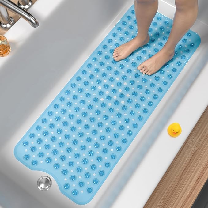HITSLAM Bath Mat for Tub, Non Slip Bathtub Mat, 40 x 16 Inch Extra Long Bath Tub Mat, Machine Washable Bathroom Shower Mat with Suction Cups and Drain Holes, Soft on Feet, Clear Blue