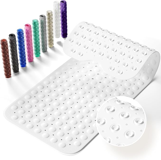 Non-Slip Bath Tub Mat, 39x16 Inch Extra Large Shower Mat with Drain Holes & Suction Cups, Machine Washable, White