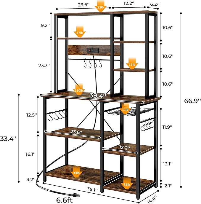 SUPERJARE Large Bakers Rack with Power Outlets, 6-Tier Microwave Stand, Coffee Bar with 12 S-Shaped Hooks, Kitchen Shelf with Wire Basket, 39.4 x 14.6 x 66.9 Inches, Rustic Brown