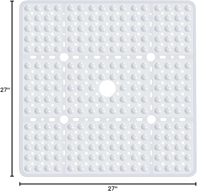 Large Square Shower Mat 27 x 27 Inch White, Non Slip Shower Bathtub Mats for Inside Shower With Big Suction Cups Drain Holes, Anti Slip Bathroom Floor Shower Stall Mats, Easy Clean, BPA-Free