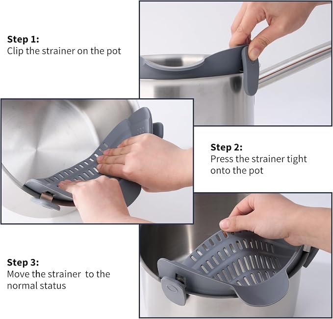 S&F Homes Silicone Clip On Strainer for Pots and Pans - Heat Resistant, Food, Noodle, Meat, Fruits, Vegetables and Pasta Strainer - Versatile Kitchen Gadget and Colander (Gray)