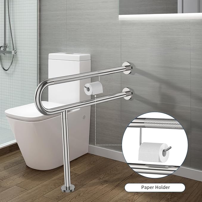 Toilet Grab Bar with Leg 31.5x28 Inch, ZUEXT Chrome Knurled Toilet Support Bar with Toilet Paper Holder,Stainless Steel Wall & Floor Mounted Bathroom Support Rail for Seniors Elderly Disabled Pregnant