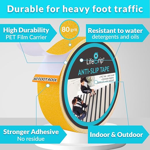 LifeGrip Anti Slip Traction Tape, 2 Inch x 60 Foot - Best Grip, Friction, Abrasive Adhesive for Stairs, Tread Step, Indoor, Outdoor, Yellow (2" X 60')