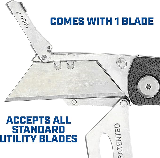 Sheffield Folding Utility Knife, Accepts Standard Utility Knife Blades, Box Cutter Aluminum Handle, Razor Blades Included, For Home, Office, Trades, and Warehouse