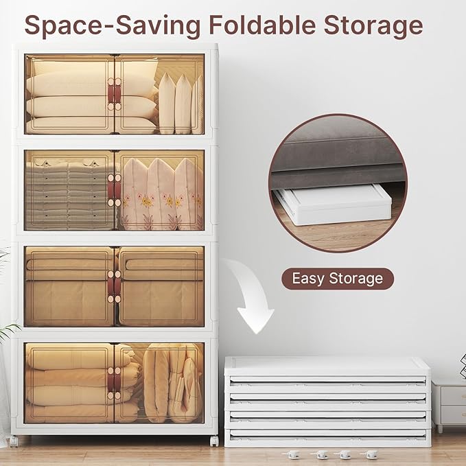 UAMFURI Stackable Storage Bins with Lids, 720QT Closet Organizers and Storage with Doors and Wheels, Extra Large Storage Cabinet, Collapsible Plastic Drawers for Bedroom Dorm Office Garage