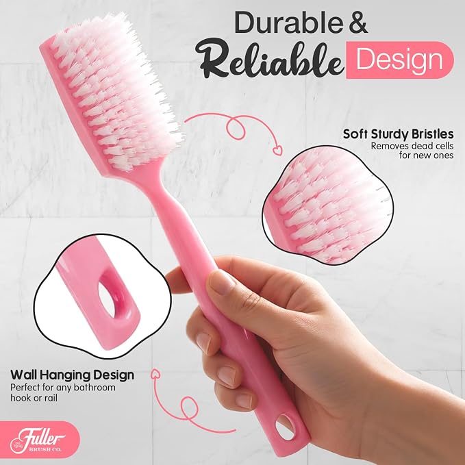 Fuller Brush Bath Brush with Long Handle - 13 Inch Back Scrubber for Shower - Gentle Exfoliating Body Brush for Wet or Dry Brushing - Ergonomic Non-Slip Grip with Hanging Hole – Soft Pink
