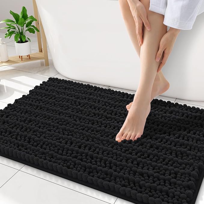 Smiry Bathroom Rugs Mat 32x20, Extra Soft Absorbent Chenille Bath Rugs, Non Slip Rubber Backing Machine Washable Quick Dry Bath Mats for Bathroom Floor, Tub, Shower, Home Decor Accessories, Black