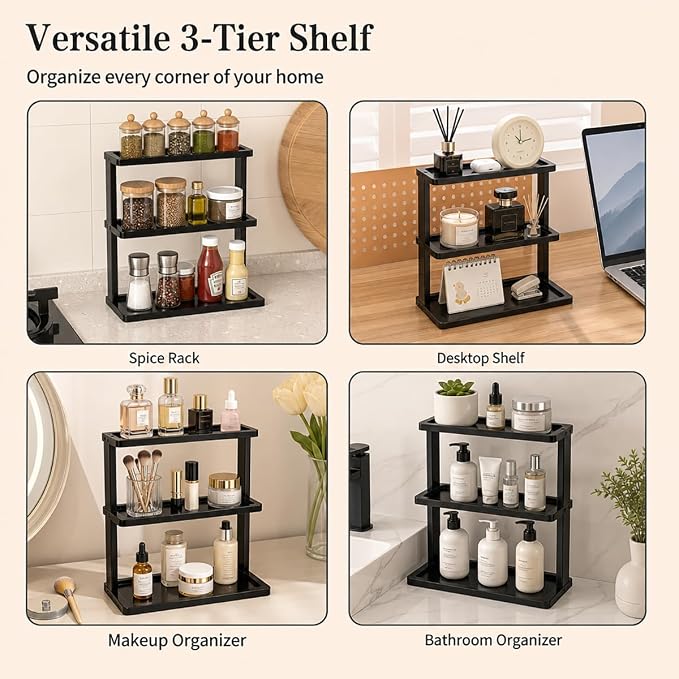 PEKER Bamboo Bathroom Organizer Countertop – Vanity Storage Shelf for Makeup, Perfume, Skincare – Natural Cosmetics Display Rack for Dresser, Sink, Kitchen – Black