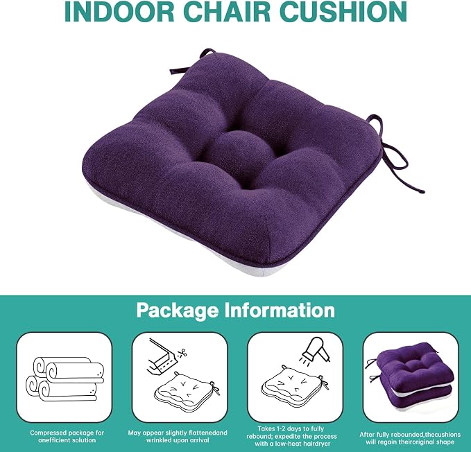 BETU Chair Cushions for Dining Chairs Set of 6,3.5" Thick Kitchen Table Chair Pads with Ties,Non Slip Backing and Covers, Seat Cushion for Dining Room,Bar,Patio Chairs,15.5"X15.5"X3.5",Dark Purple