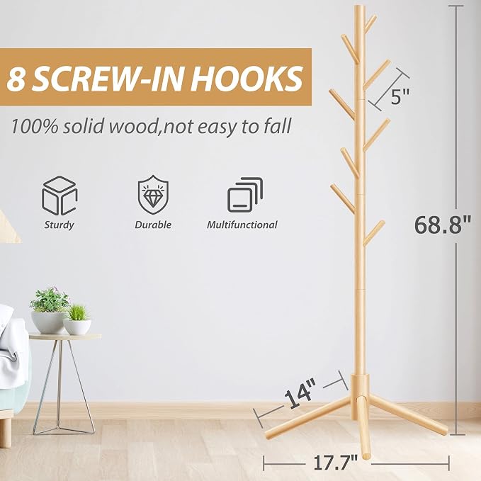 Unisakey Durable Wooden Coat Rack, Freestanding Coat Rack with Stable Triangular Base, 8 Hooks & 3 Adjustable Heights, Simple Assembly for Bedroom, Hallway, Office(New Nature)
