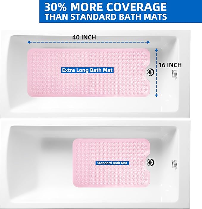 MOONFLY Shower and Bathtub Mat,40x16 Inches,Extra Long Non Slip Mats with Suction Cups and Drain Holes, Machine Washable and Anti Slip Bathmats, Bathroom Mats for Tub Nonslip (Clear Pink)