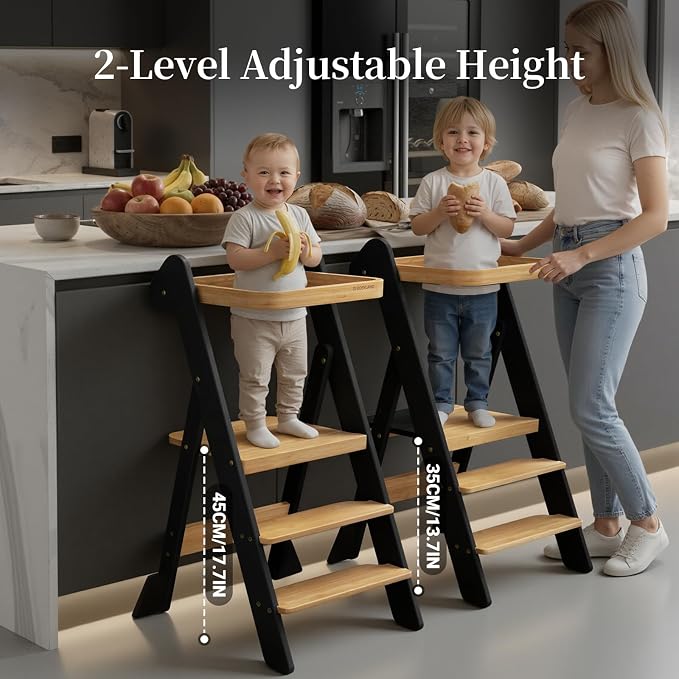 COSYLAND Foldable Standing Tower – IF Design Awarded Toddler Kitchen Step Stool with Safety Net & Large Side Support Legs– Height Adjustable Toddler Learning Helper Stool (Black & Natural)-Foldi