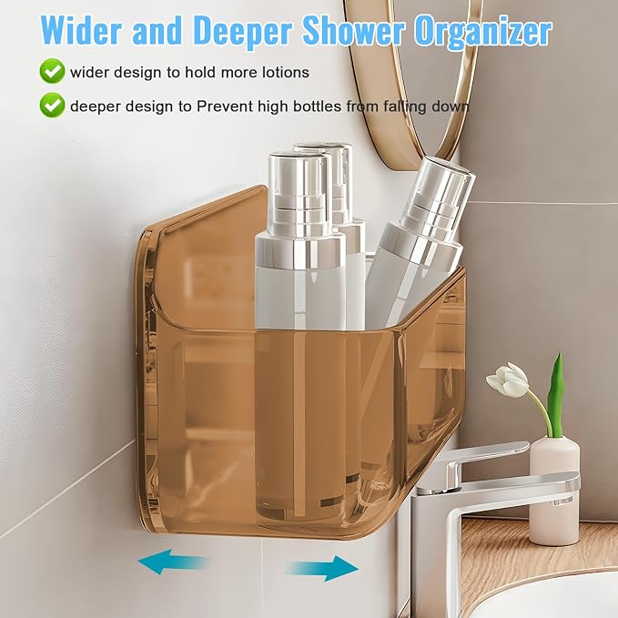 CGBE 2 Packs Cabinet Door Organizer, Acrylic Adhesive Shelf Wall Mounted Storage, Self Adhesive Shower Shelves Without Drilling, Automatic Draining Clear Shower Organizer for Bathroom (Amber)