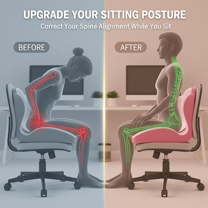 SakerPlus Ergonomic Memory Foam Seat Cushion and Back Support Pillow, One Piece Chair Cushion with Lumbar Support, L Shaped Office Chair Cushion for Desk Chair, Car Seat, Computer Wheelchair (Pink)