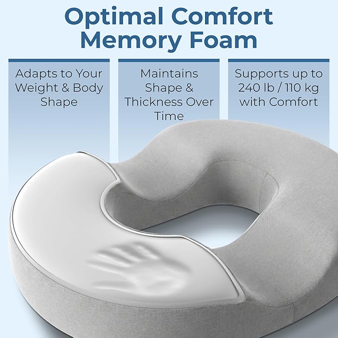 5 STARS UNITED Donut Pillow for Tailbone Pain & Hemorrhoids – Large Memory Foam Seat Cushion for Bed Sore-Prone Areas & Pressure Relief – Prostate, Postpartum & Pregnancy Support, Premium Gray Suede
