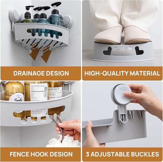 LEVERLOC Corner Shower Caddy Suction Cup, shower shelves suction cup, 2 Pack Basket Powerful Bathroom, Waterproof & Oil-proof Organizer for Kitchen, No-Drilling Removable (Grey)