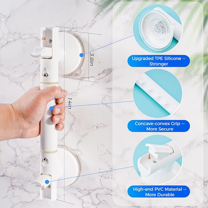 Strong Suction Grab Bar - 2 Pack, Bathroom Safety Handle for Seniors & Elderly, Easy Install No Drill for Bathtub, Toilet & Shower, Ivory White 14Inch
