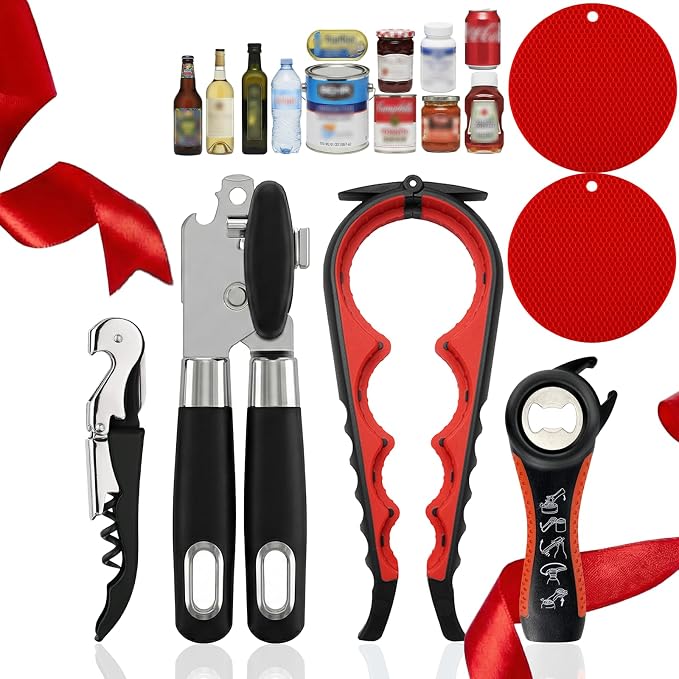 Openers Bundle - 6-Piece Openers Set for Weak Hands - Heavy Duty Stainless Steel Manual Can Opener, 5-in-1 Bottle Opener, Corkscrew & Silicone Grippers - Kitchen Gadgets for Seniors & Arthritis