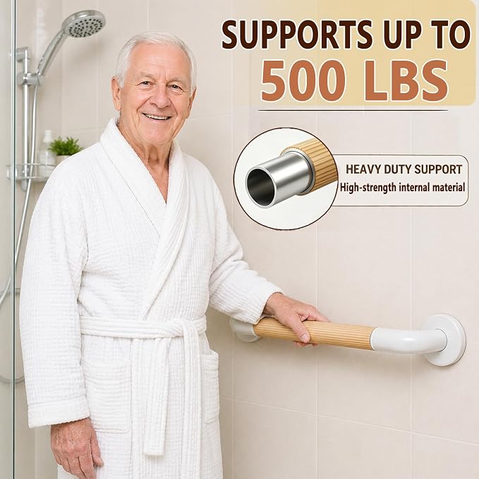 Grab Bars for Shower, 2 Pack 16 Inch Bathtub and Bathroom Safety Handle for Seniors, Anti-Slip Faux Wood Grip, Heavy Duty Shower Handles, Supports up to 500 lbs for Elderly, (Slim Thin Strip)