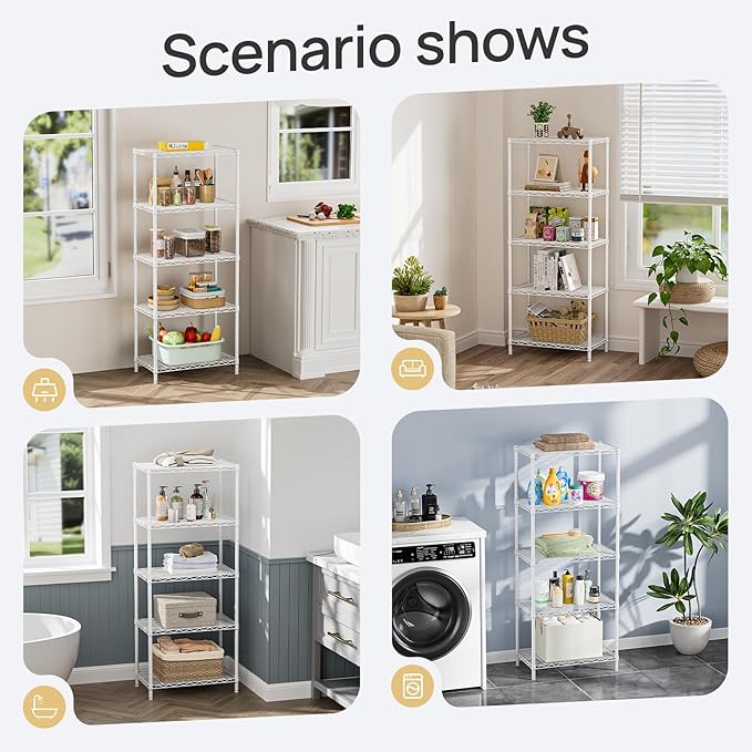 SINGAYE Shelf Wire Shelving Adjustable Storage Shelves Rack Standing Units for Kitchen Closet Laundry Bathroom Organizers Metal Pantry Narrow Mesh Gaps 14" D x 24" W x 59" H White