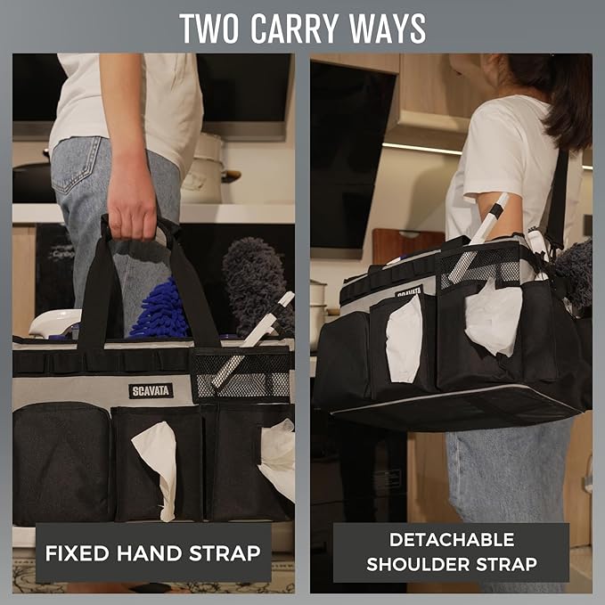 SCAVATA Wearable Cleaning Caddy Bag, Cleaning Caddy Supplies Organizer with Handle & Shoulder Straps for Housekeepers, Under Sink & Car Cleaning Tool Organizers with 4 Foldable Divider (Grey)