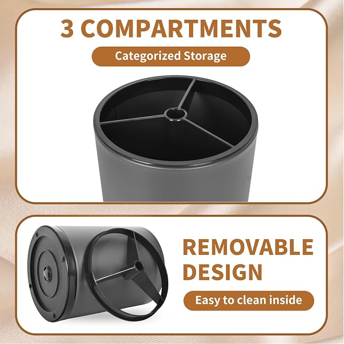 Nigelia Extra Large Kitchen Utensil Holder - 360° Rotating Stainless Steel Cooking Utensil Holder for Countertop, 3 Compartment Flatware Organizer & Utensil Caddy with Removable Base（Grey）