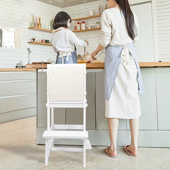 Kitchen Step Stool for Toddlers with Non-Slip Mat, WOOD CITY Wooden Kids Montessori Learning Stool Tower, Toddler Standing Tower Helper for Kitchen Counter and Bathroom Sink(White-Adjustable)