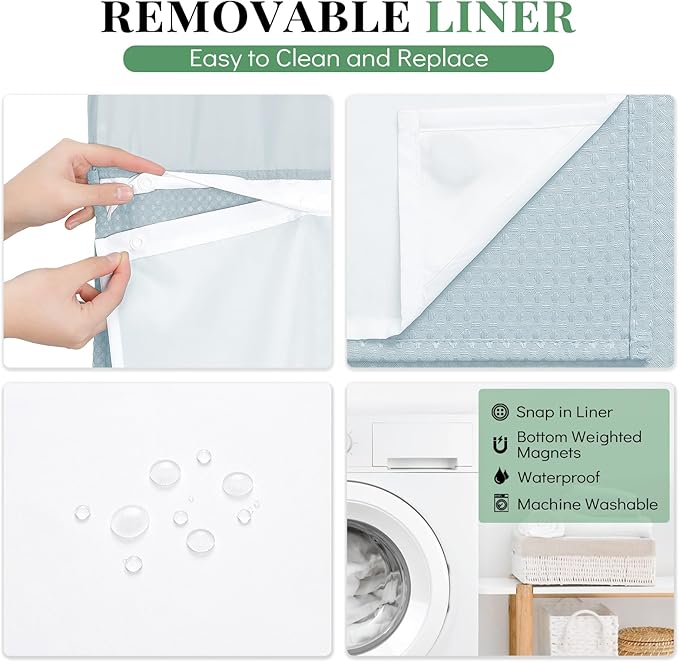 Dynamene Fabric Shower Curtain with Snap in Liner, Fog Blue Waffle Hotel Shower Curtains for Bathroom, Washable Waterproof Cloth Shower Curtain Liner Set with Hook, Mesh Top Window, 72x72, Fog Blue