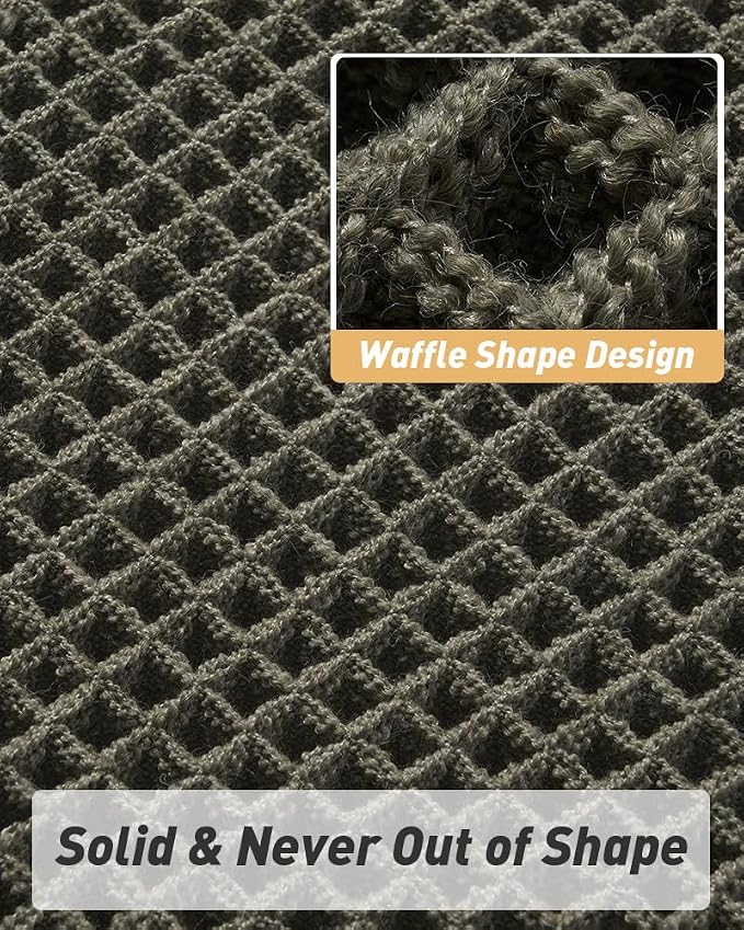 Upgraded Waffle Bath Mat Set of 2, Super Absorbent Non Slip Bath Mats for Bathroom Floor, Washable Boho Bathroom Rugs Set 2 Pieces with Tassels, Soft Bathroom Mat Set, Green, 17" x 24" Plus 17" x 48"