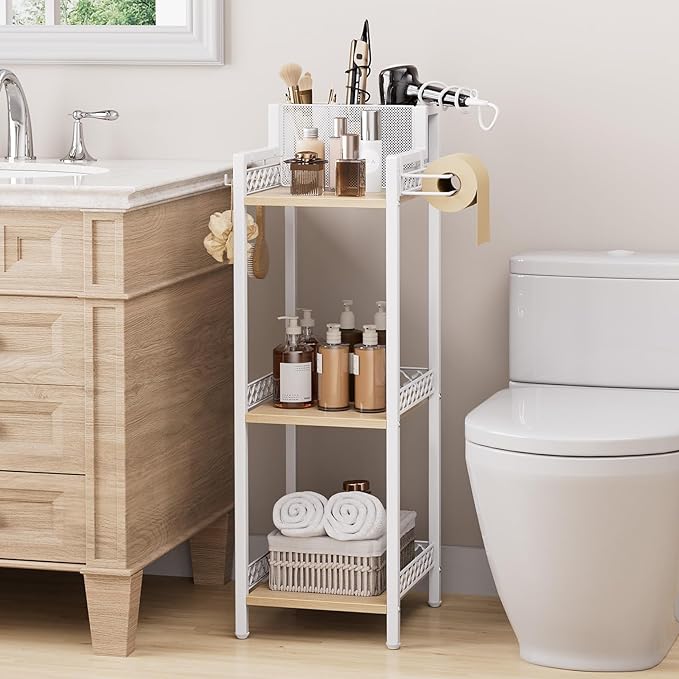 Slim Bathroom Storage Shelf Unit, 3 Tier Corner Storage, Rustic Makeup Organizer, Space-Saving Floor Standing Storage Shelves for Bathroom, Vanity,Kitchen, Laundry 9.85in Matte White