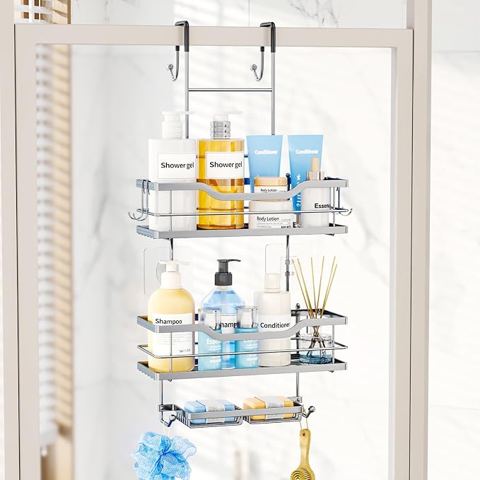 Consumest Over The Door Shower Caddy - 3 Tier Shower Shelves Hanging with Soap Holders, Large Capacity Shower Organizer with 6 Hooks, Bathroom Rack and Storage, Silver