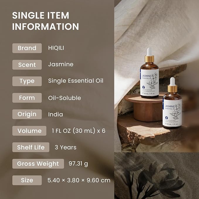 HIQILI Jasmine Essential Oil Set - 1 fl oz (6 Pack), 100% Pure Natural, Bulk Wholesale for Business, Skincare & Diffusing & DIY, for Spa & Sauna, Hotels & Homestays, Beauty Salons, Gift & Home Use