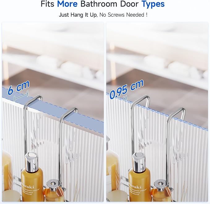 Skyapex Shower Caddy Over the Door Organizer: Bath Rack Hanging Over Glass with Hooks - Storage Shelf Inside Bathroom for Shampoo - Sliver