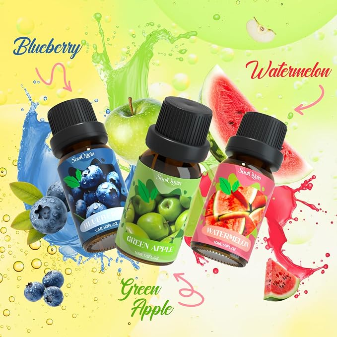 Soulorigin Fruit Essential Oils Set, Fragrance Oil Set for Diffuser, Scent Diffuser Oil for Candle Making- Pineapple, Sweet Orange, Grape, Green Apple, Blueberry, Watermelon