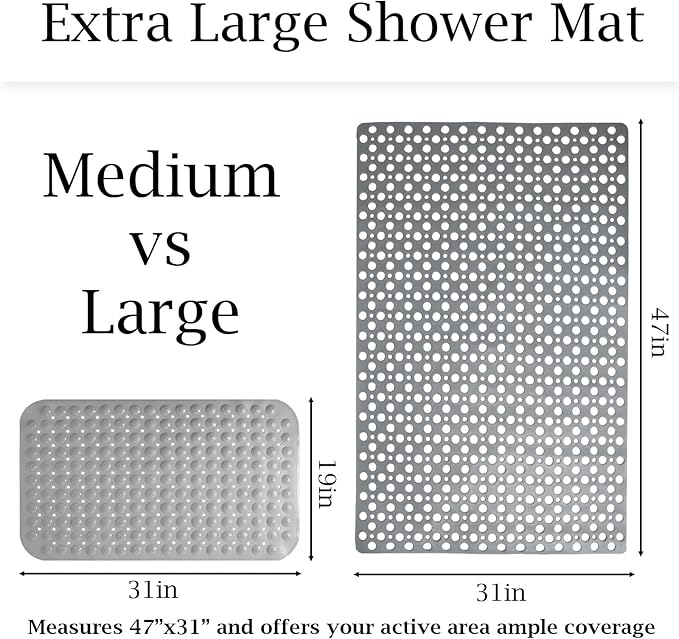 Tiamo Extra Large Non Slip Shower Mat for Inside Shower, 47x32 Inch Oversized Shower Stall Mat,Bath Mat for Shower with Big Suction Cups,Drain Holes,Two-Sided Anti-Slip