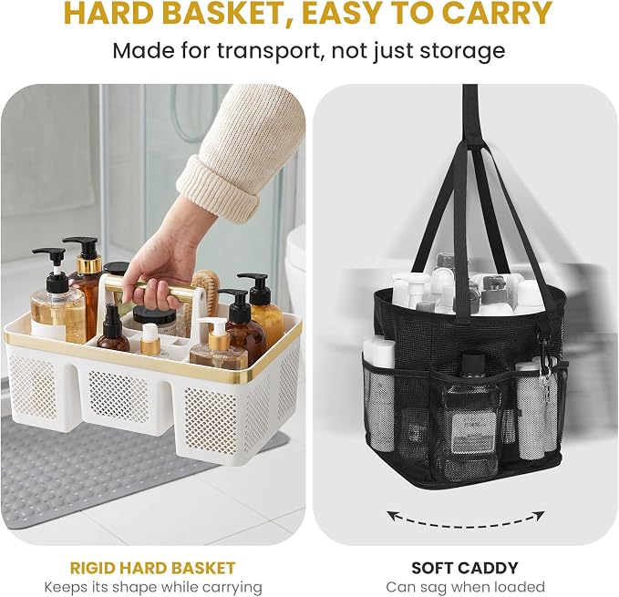 BYUNER Portable Cleaning Caddy & Shower Basket: Hard Plastic Caddy Organizer with Handle, 4 Divided Compartments, All-Side Drainage for Bathroom, Dorm & Utility, College Dorm Room Essentials